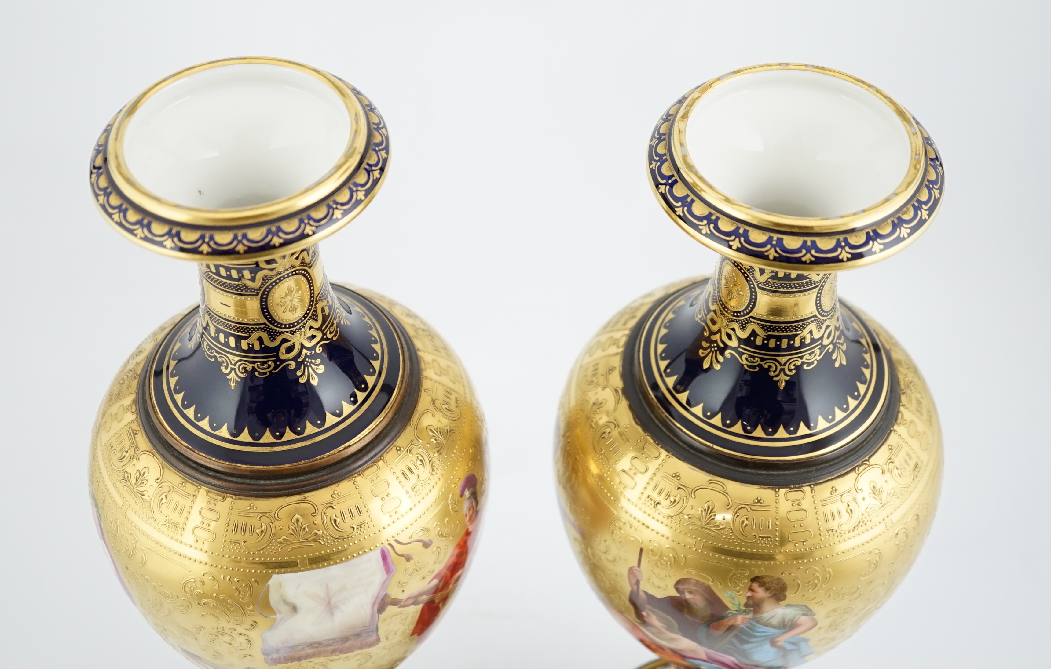 A pair of tall Vienna style porcelain vases and covers, early 20th century